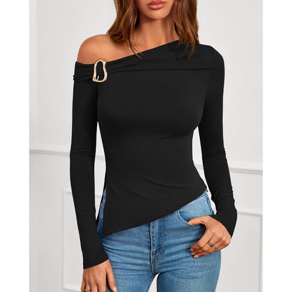 Women Off Shoulder Top Viscose Elastane Slim Fit Asymmetrical Long Sleeve - Picture 3 of 8